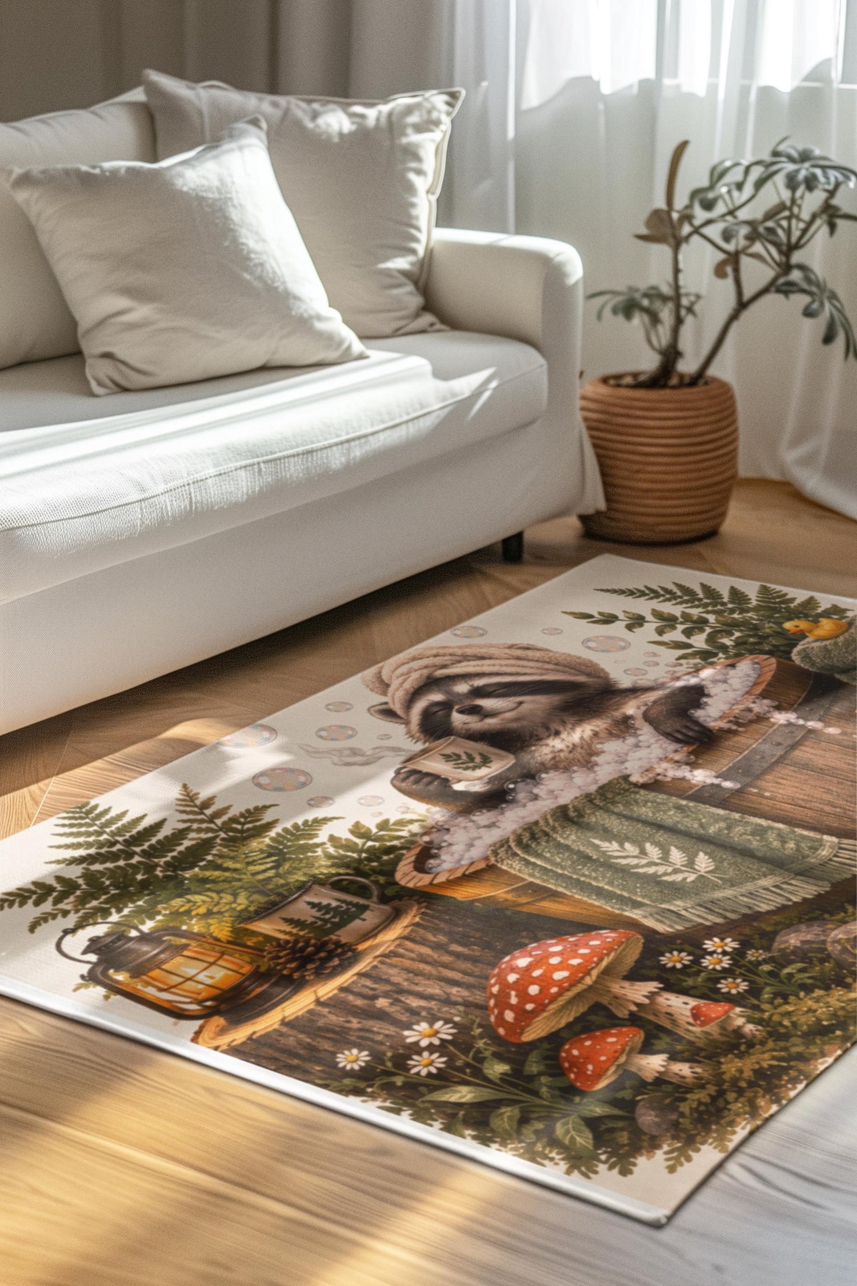 Raccoon Spa Bath Mat | Woodland Mushrooms, Ferns, Cozy Soak
