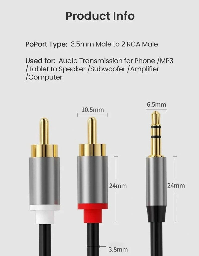 2M 3.5mm Stereo Jack to 2x RCA Plugs Male to Male Aux Audio Cable Adapter