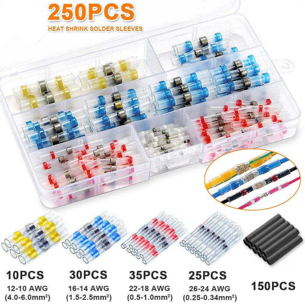250pcs Waterproof Solder Seal Sleeve Heat Shrink Butt Wire Connectors Terminals