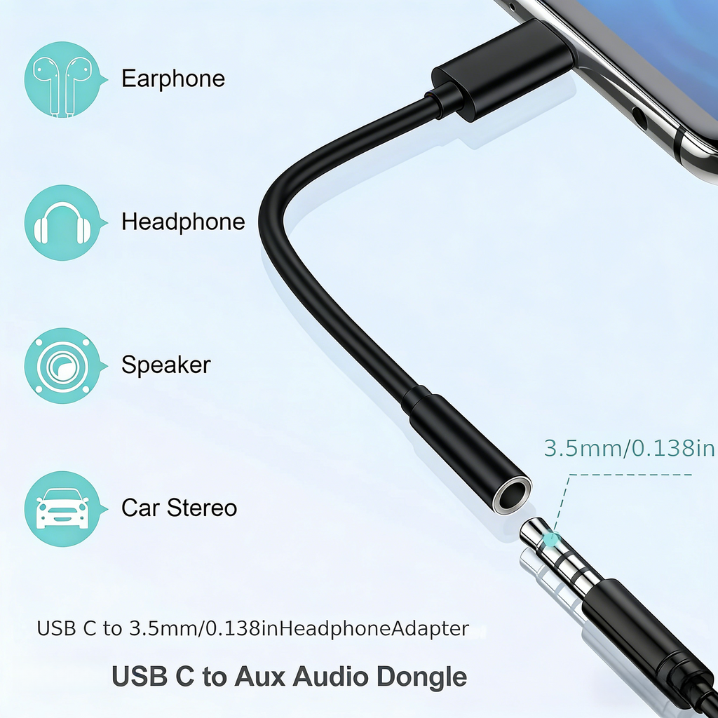 Type C to 3.5mm AUX Earphones Audio Stereo Cable Adapter For Samsung iPhone
