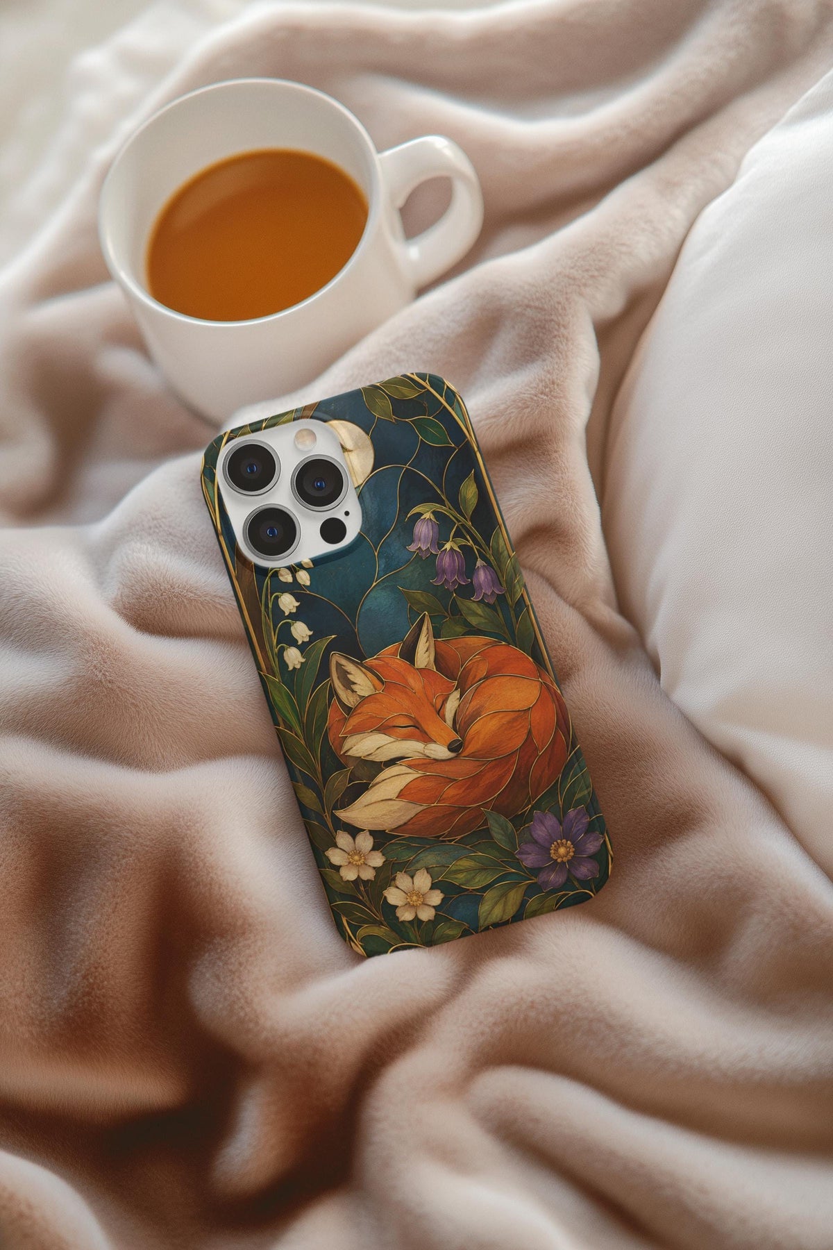Stained Glass Case, Art Nouveau Sleeping Fox Floral Design | 26 Phone Models