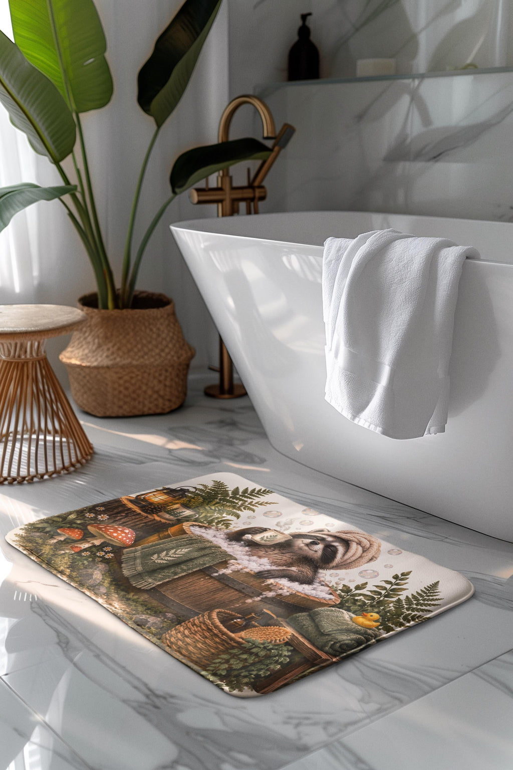 Raccoon Spa Bath Mat | Woodland Mushrooms, Ferns, Cozy Soak