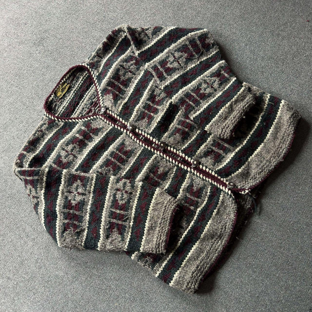 Vintage Rey Wear Ecuadorian Hand Knit Wool Cardigan - XL