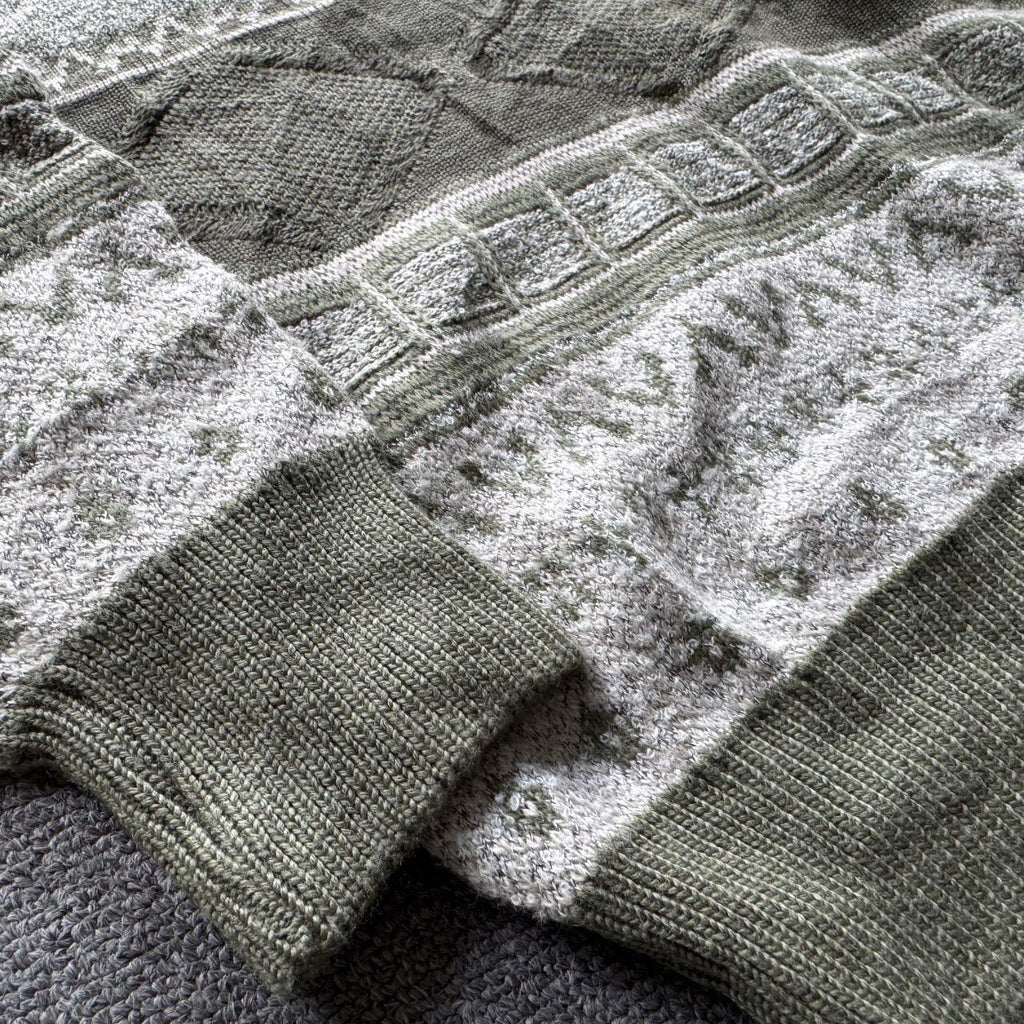 Vintage Italian Wool V-Neck Sweater Size M Green and cream wool knit
