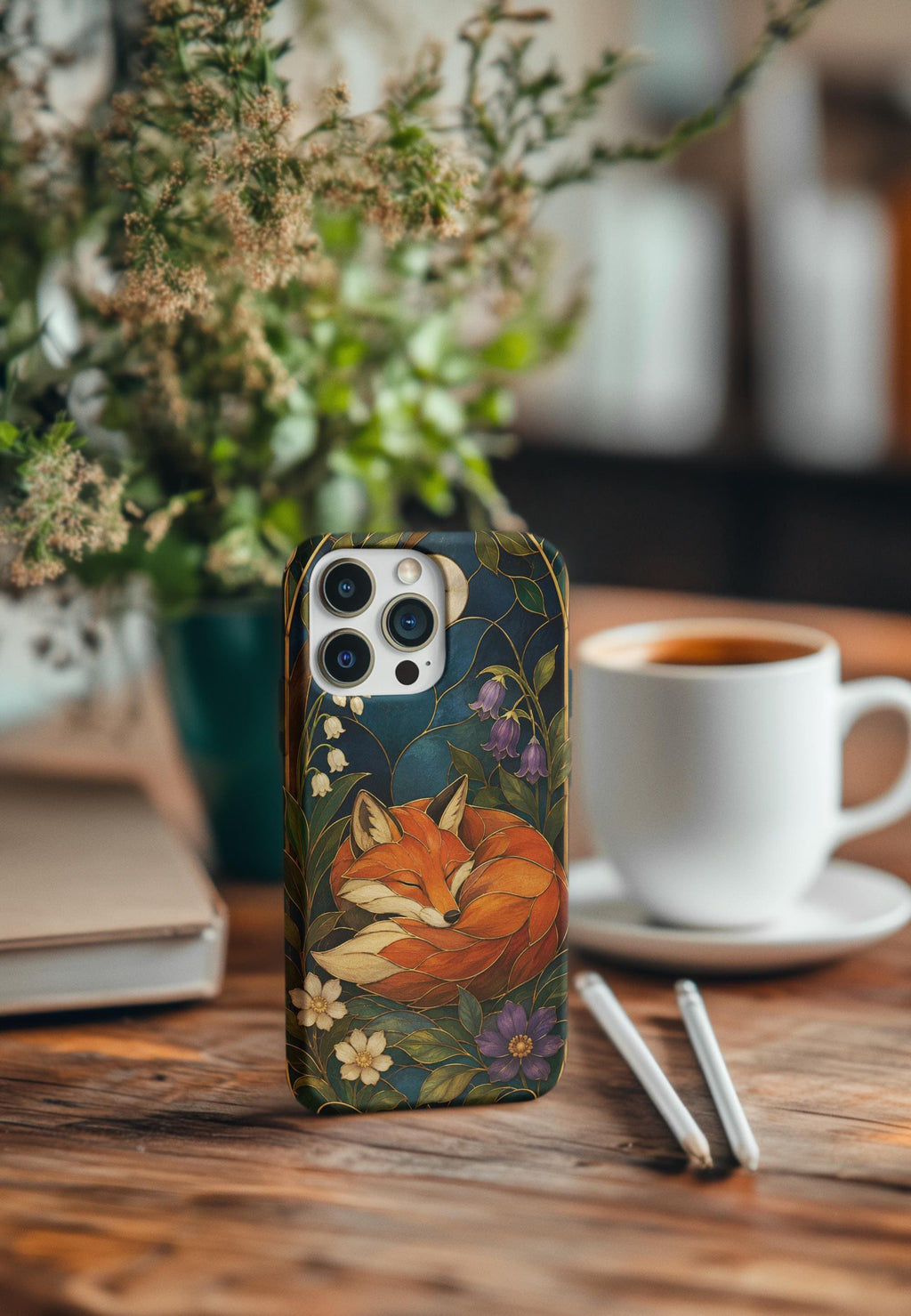 Stained Glass Case, Art Nouveau Sleeping Fox Floral Design | 26 Phone Models