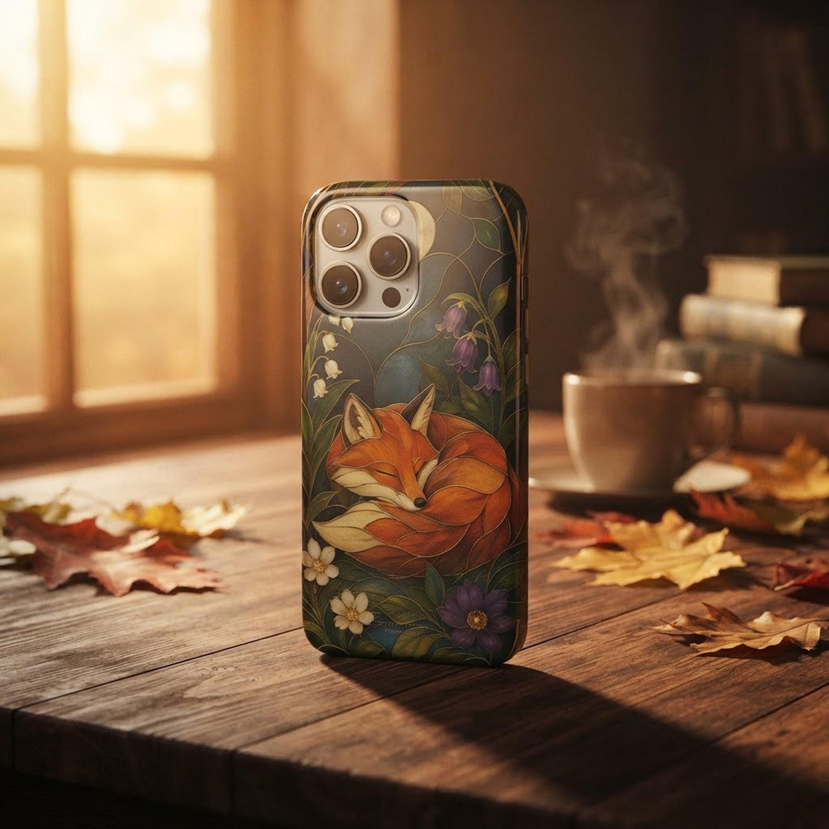 Stained Glass Case, Art Nouveau Sleeping Fox Floral Design | 26 Phone Models