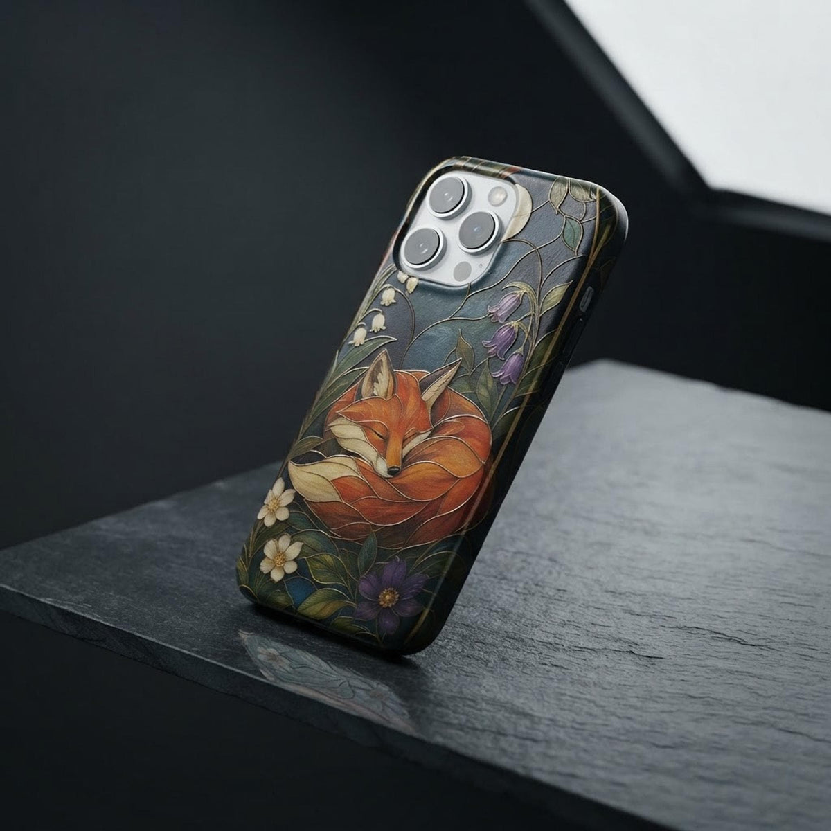 Stained Glass Case, Art Nouveau Sleeping Fox Floral Design | 26 Phone Models