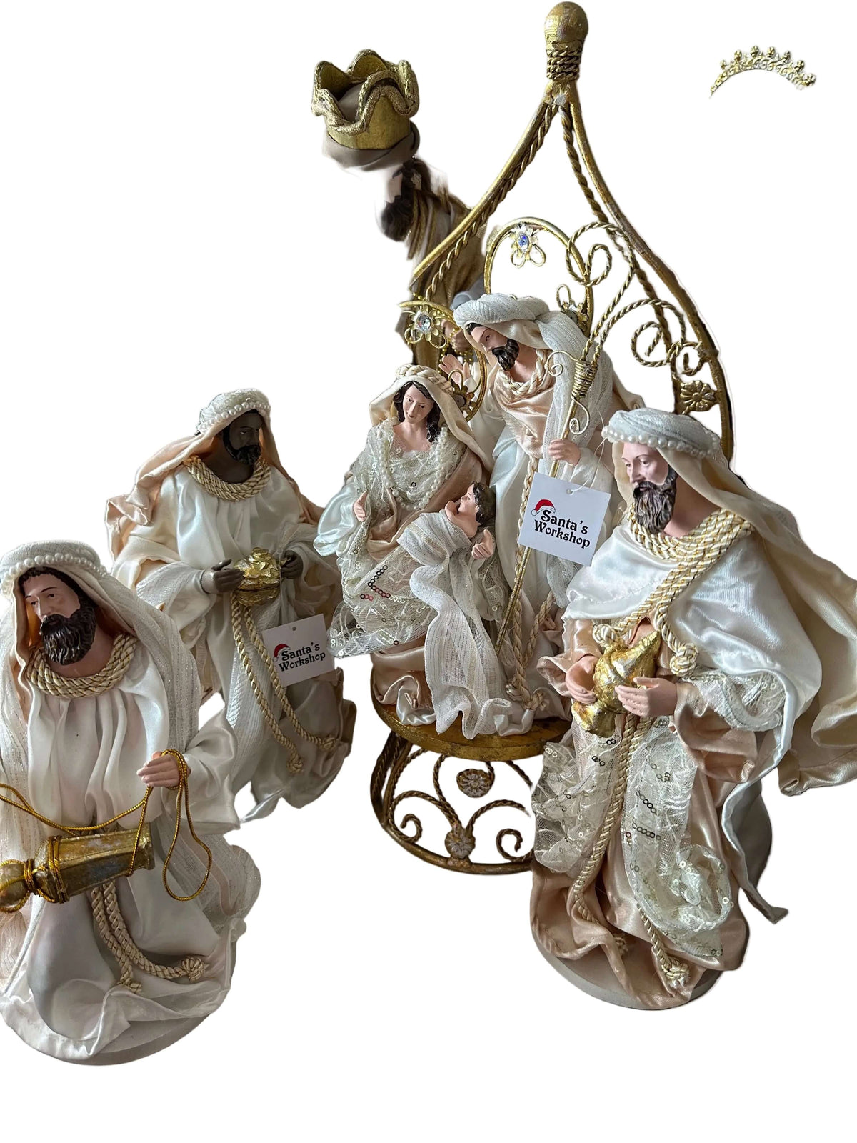 45cm Gold & White Holy Family Nativity Set in Gazebo – Handmade Christmas Religious Decoration with 3 Wise Men
