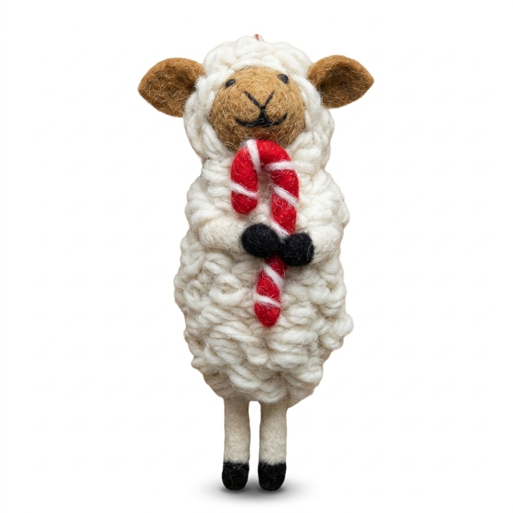 Festive Sheep with Candy Cane Wool Felt Christmas Ornament – Handmade & Shatterproof