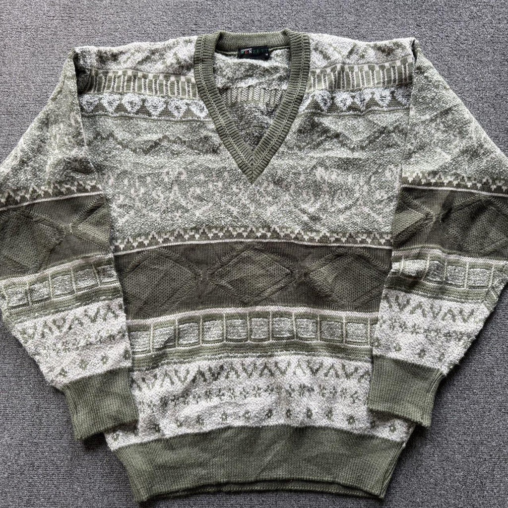 Vintage Italian Wool V-Neck Sweater Size M Green and cream wool knit