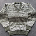 Vintage Italian Wool V-Neck Sweater Size M Green and cream wool knit