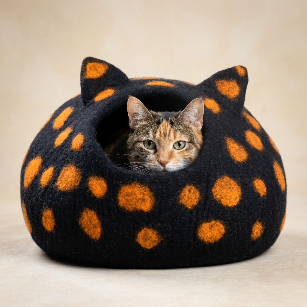 Black and Orange Spotted Wool Cat Cave Bed