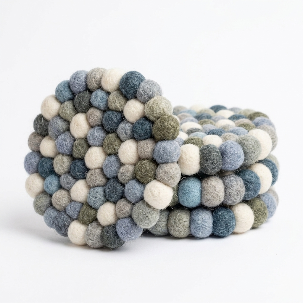 Handmade Wool Felt Ball Coasters – Neutral Grey & Sage (10 cm)