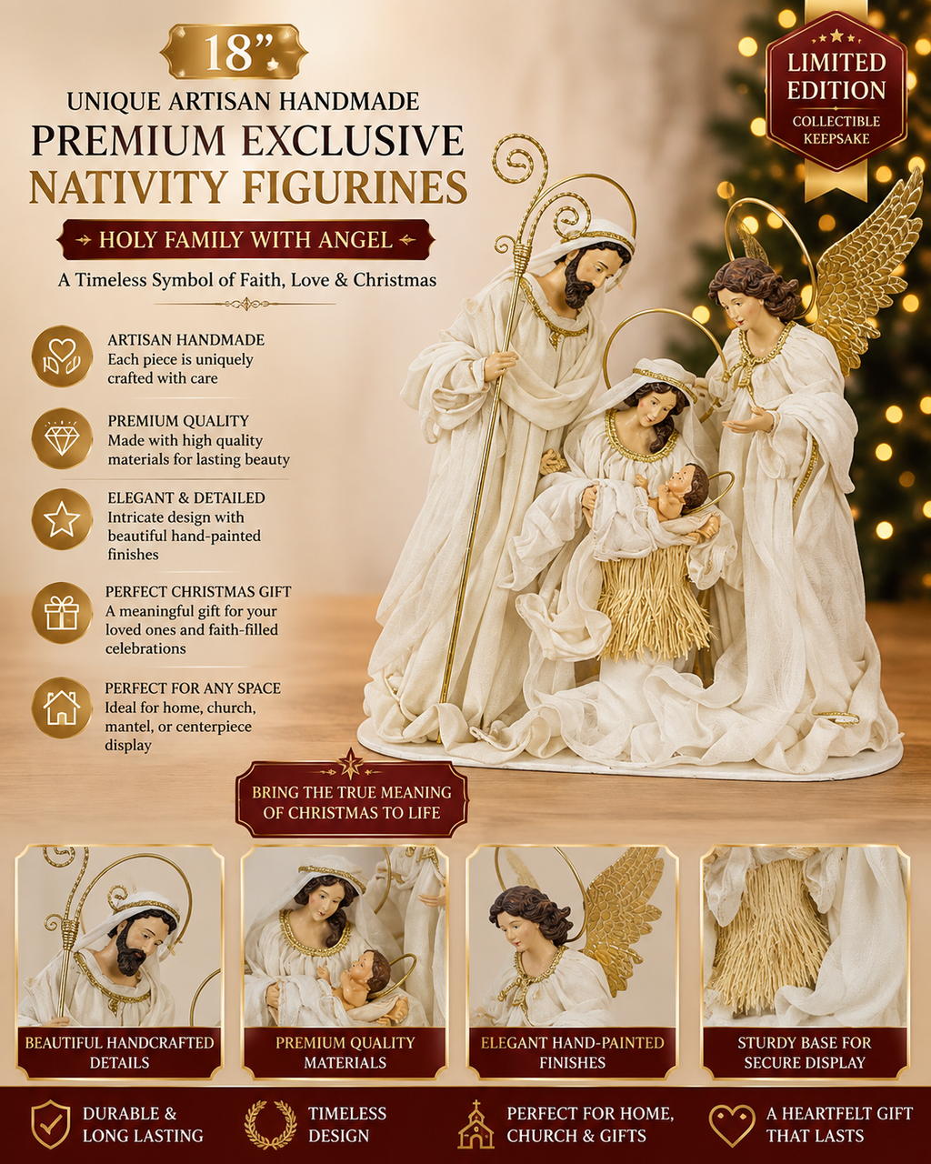 PRE ORDER 18"(46cm) Handmade Premium Nativity Scene Figurines Set – Holy Family with Angel & 15.75in Three Wise Men, Exclusive Artisan Christmas Decor