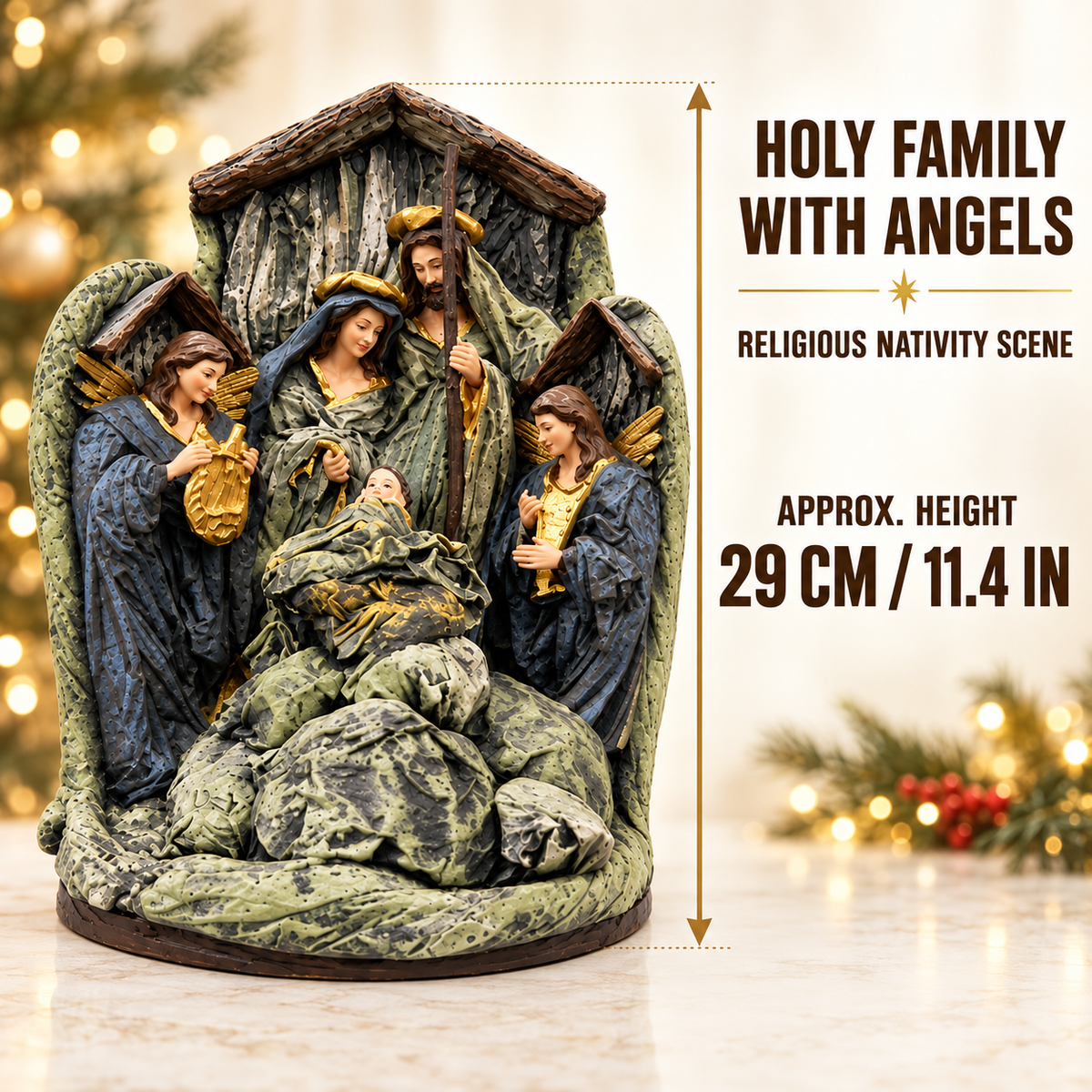 29cm Christmas Holy Family with Angels – Religious Nativity Scene Christmas Decoration