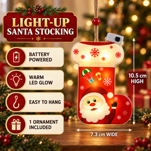 1PC Christmas Santa Stocking LED Hanging Ornament – Battery Powered Santa Claus Stocking Decoration with Snowflake Design for Christmas Tree & Home Décor
