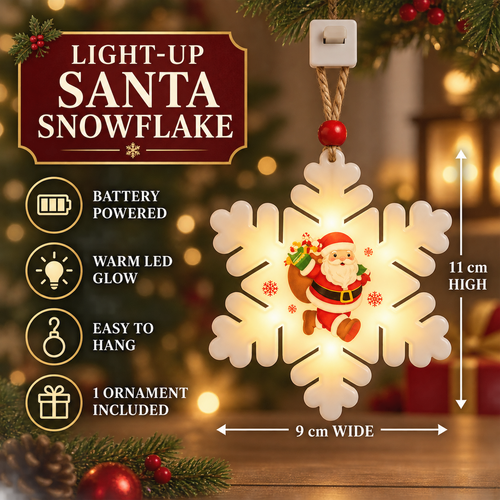 1PC Christmas Snowflake Santa LED Hanging Ornament – Battery Powered Christmas Tree Decoration, Santa Claus Snowflake Holiday Décor