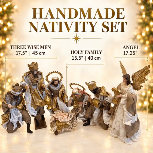 15.5" Christmas Religious Handmade Nativity Set - Holy Family (40 cm) & Three Wise Men (17.5", 45 cm) with Angel (17.25")