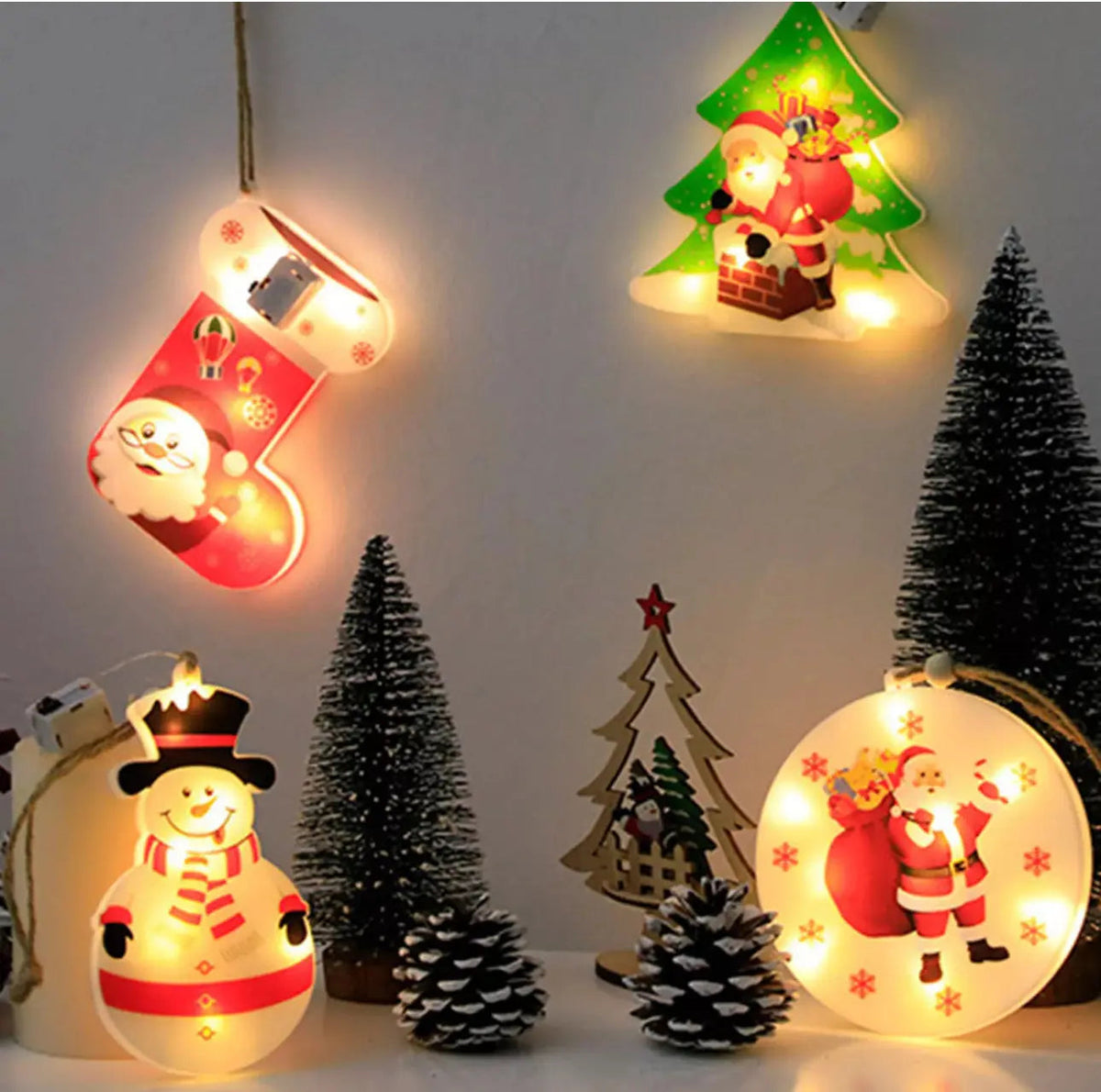 1PC Christmas Santa Stocking LED Hanging Ornament – Battery Powered Santa Claus Stocking Decoration with Snowflake Design for Christmas Tree & Home Décor