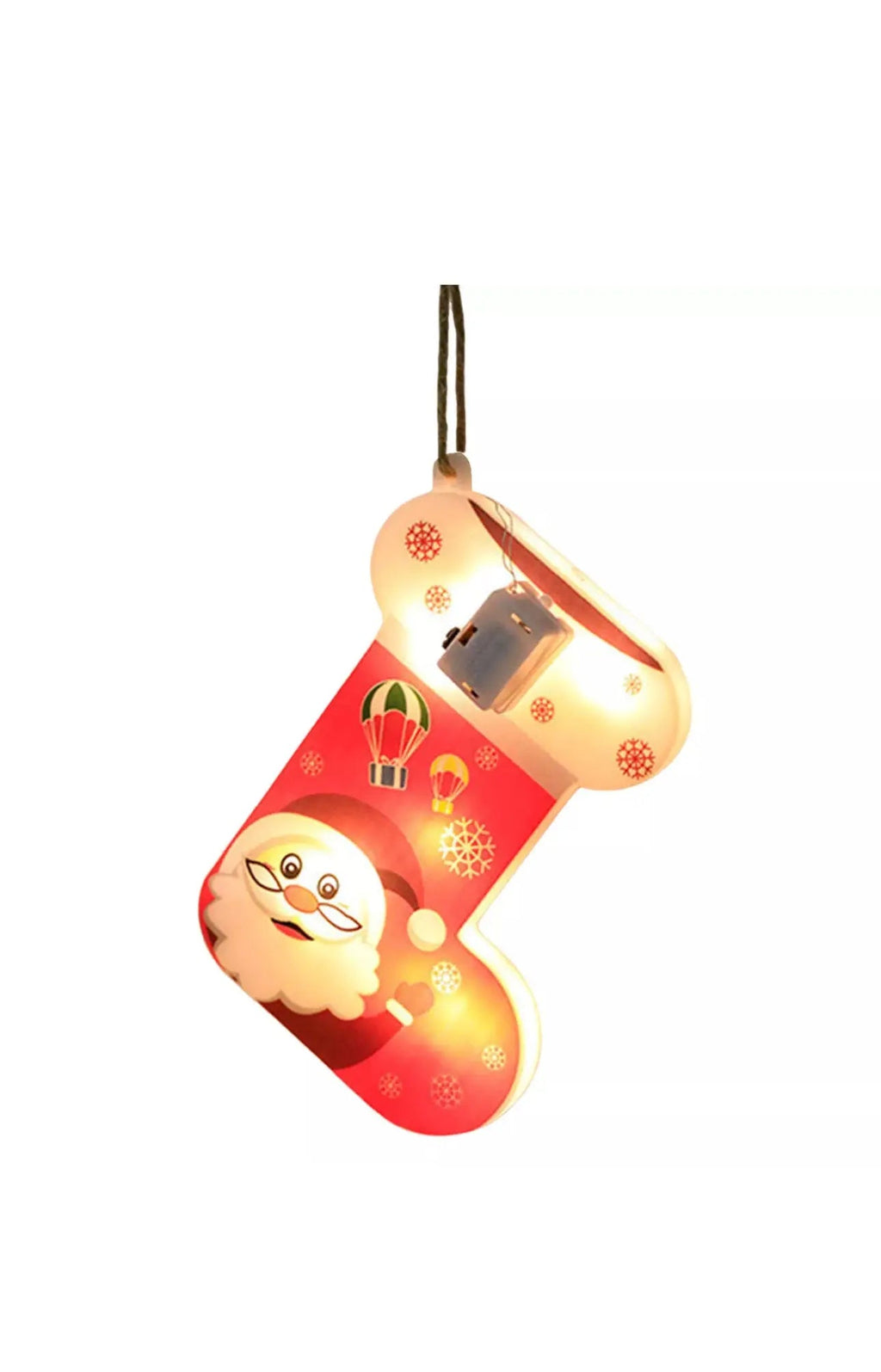 1PC Christmas Santa Stocking LED Hanging Ornament – Battery Powered Santa Claus Stocking Decoration with Snowflake Design for Christmas Tree & Home Décor