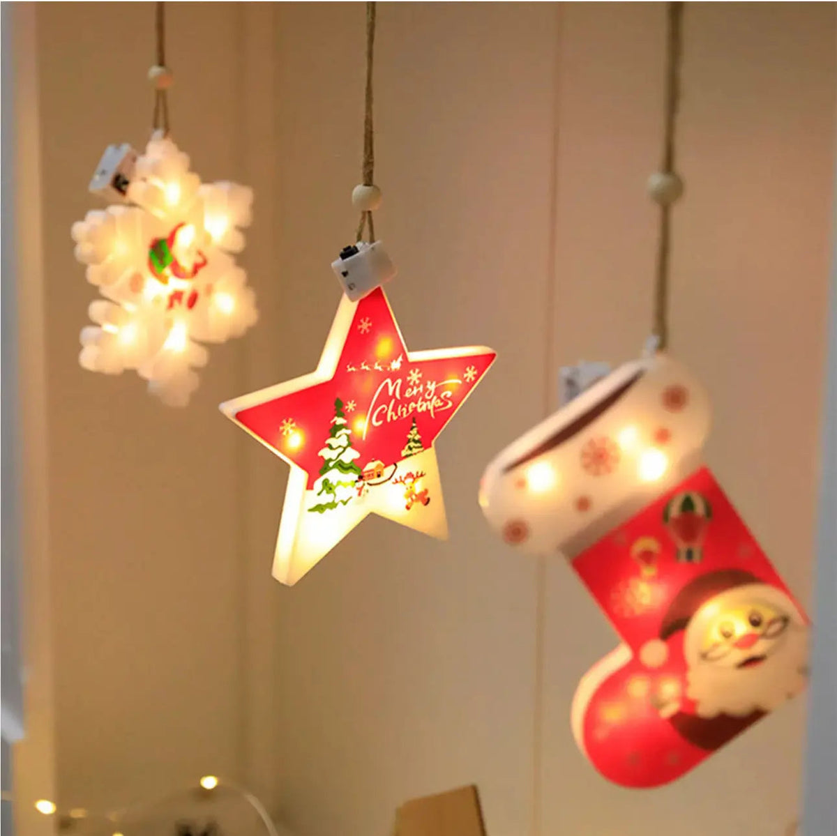 1PC Christmas Santa Stocking LED Hanging Ornament – Battery Powered Santa Claus Stocking Decoration with Snowflake Design for Christmas Tree & Home Décor