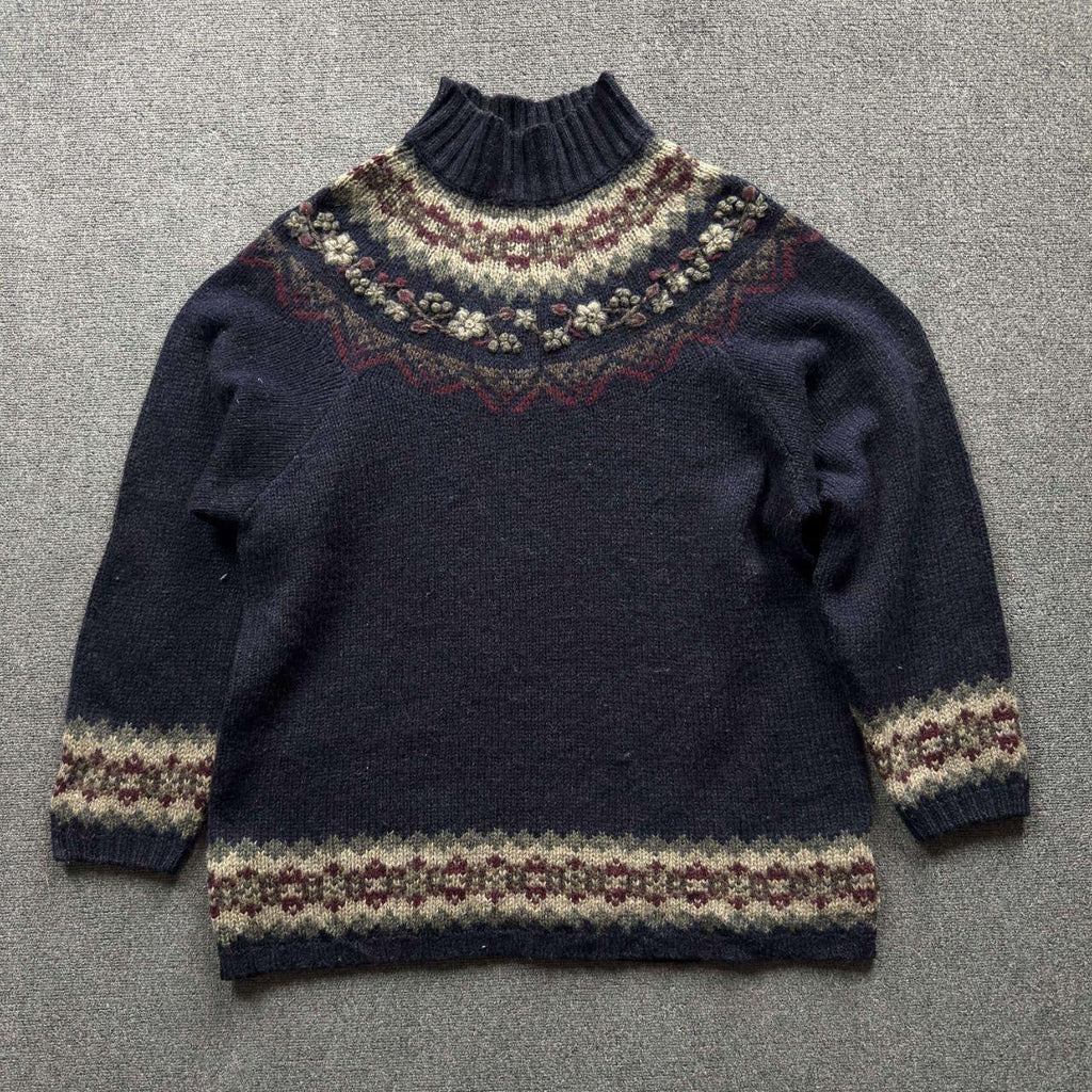 Vintage Navy Blue Fair Isle Turtleneck Sweater - L