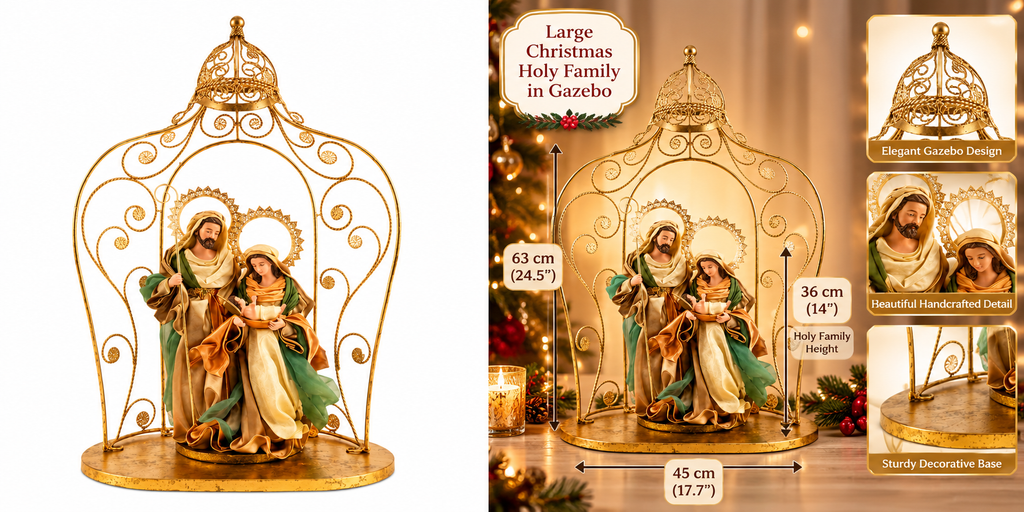 63cm Holy Family Nativity in Gazebo – 36cm Religious Christmas Statue & Christian Decoration