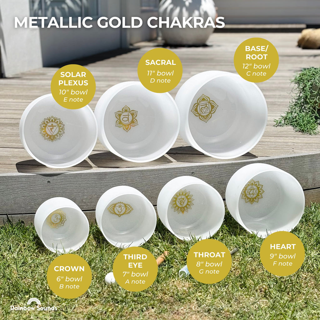 Golden Chakra Set of 7 White Crystal Singing Bowls in Beige Bags