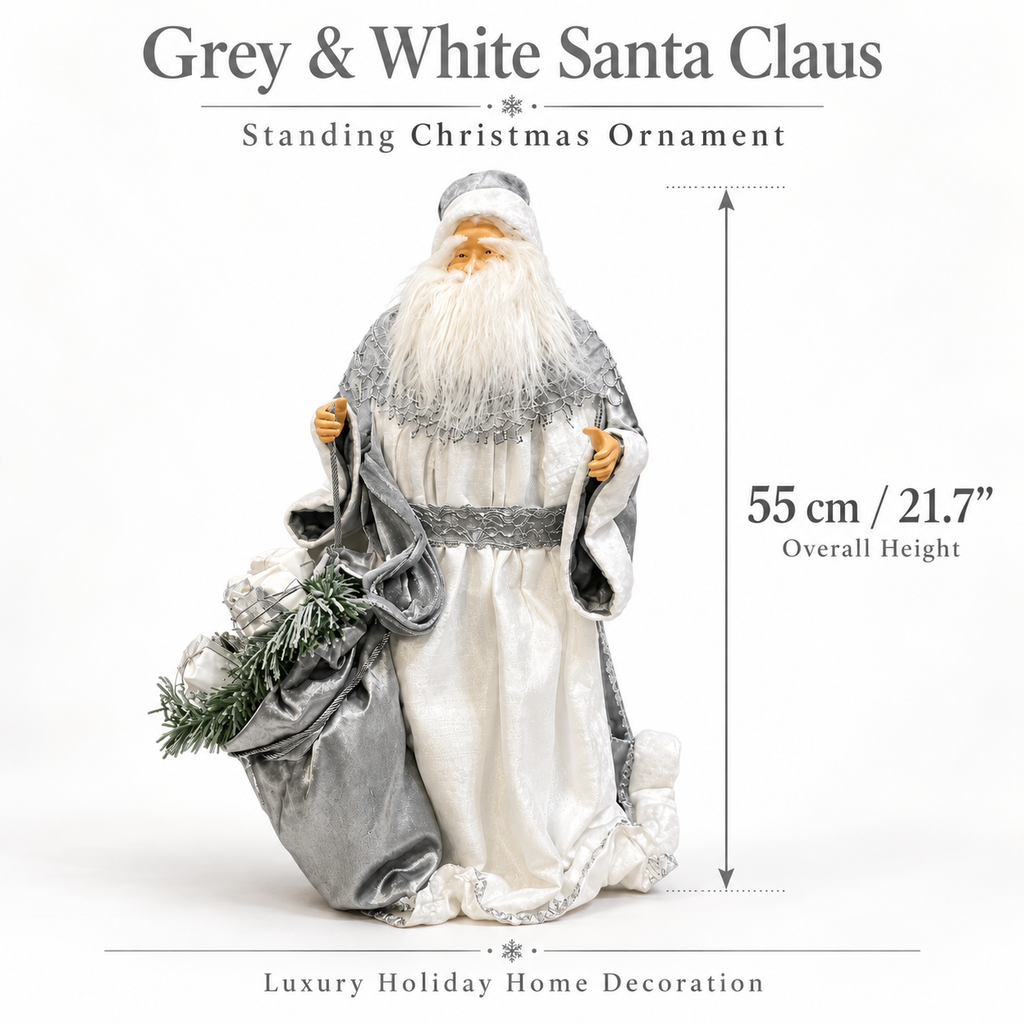 55cm Grey & White Standing Santa Claus Christmas Ornament – Luxury Holiday Home Decoration