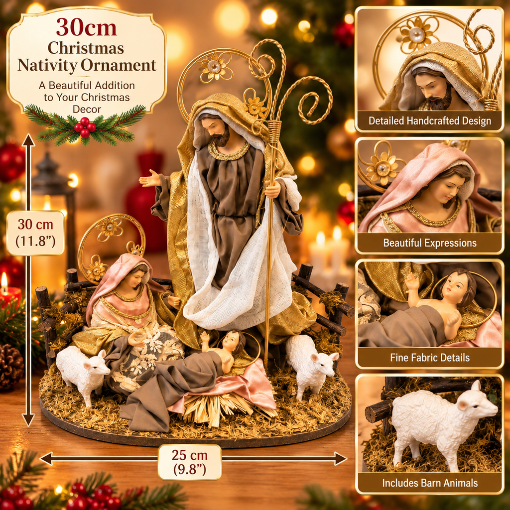 ⭐ 30cm Christmas Nativity Ornament – Holy Family with Barn Animals, One-Piece Religious Christian Christmas Decoration ⭐