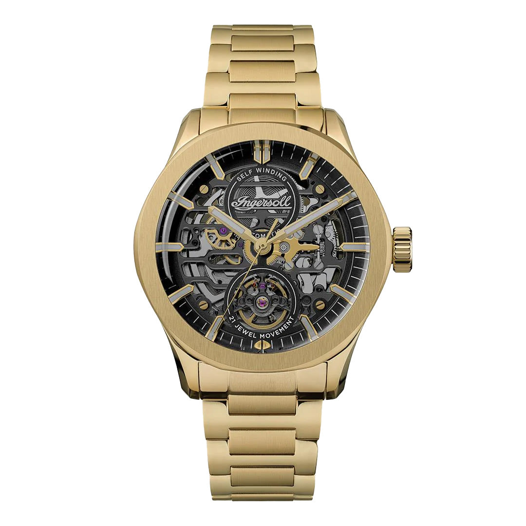Ingersoll The Bronc 44mm Skeleton Dial Gold Strap Watch