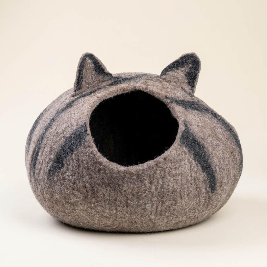 Grey Tabby Cat Wool Cat Cave Bed