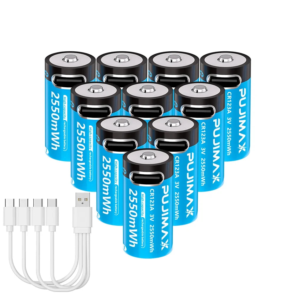 PUJIMAX Type-C Rechargeable CR123A 2550mWh 3V Lithium Battery Rechargeable Battery High Capacity  Portable Stable Output