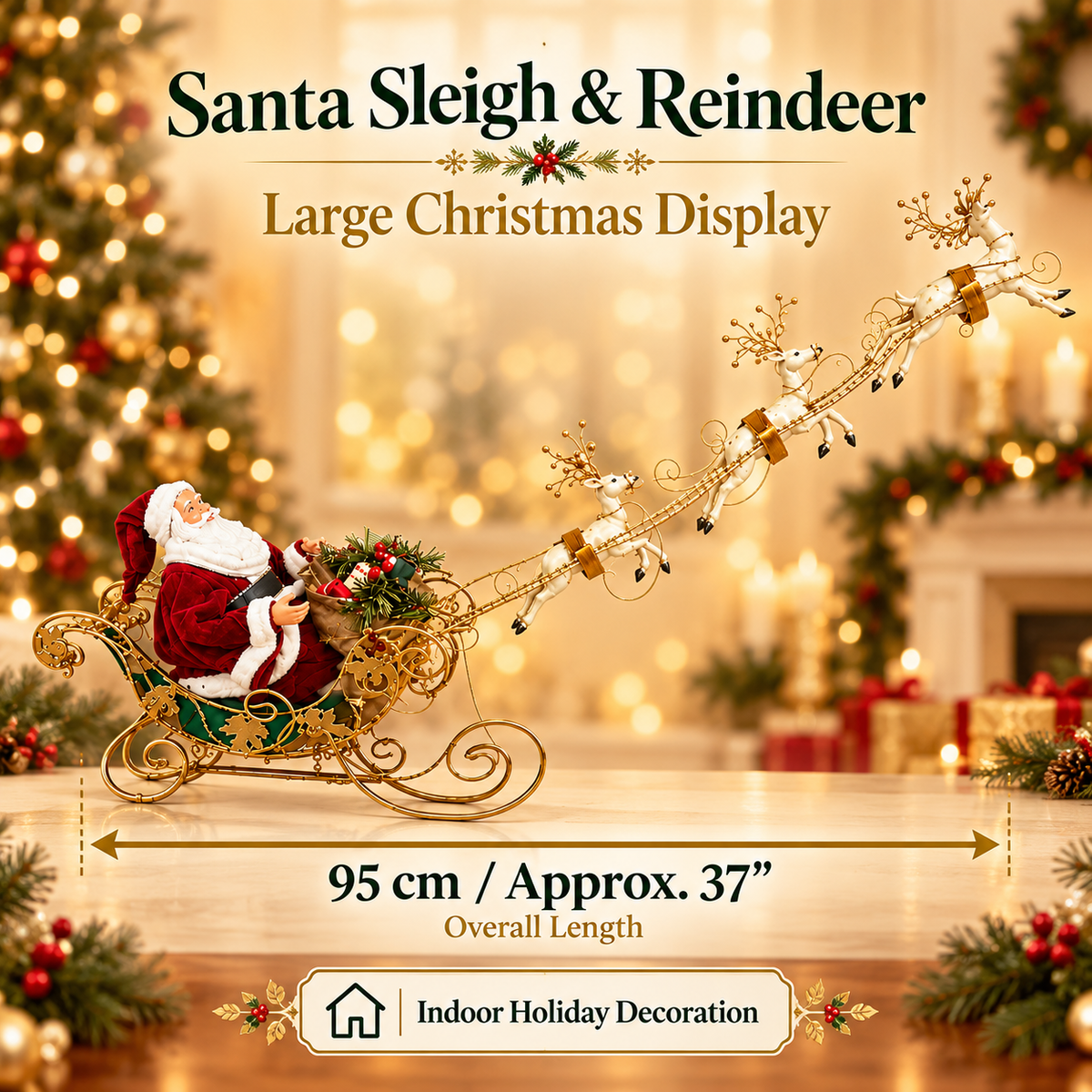 37" (95cm) Christmas Decoration Santa Claus with Reindeers on Sleigh – Large Indoor Holiday Display, Festive Christmas Decor