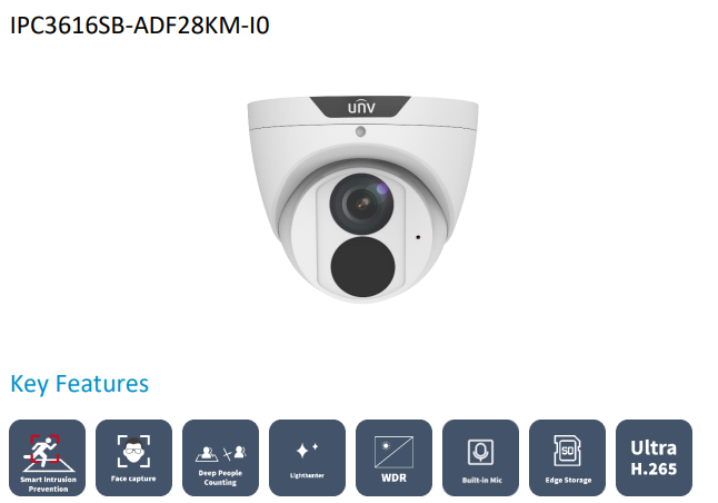 Uniview IPC3616SB-ADF28KM-I0 6MP LightHunter IR Fixed Eyeball Network Camera with Intelligent Analytics, Built-in Microphone, PoE & IP67 Protection