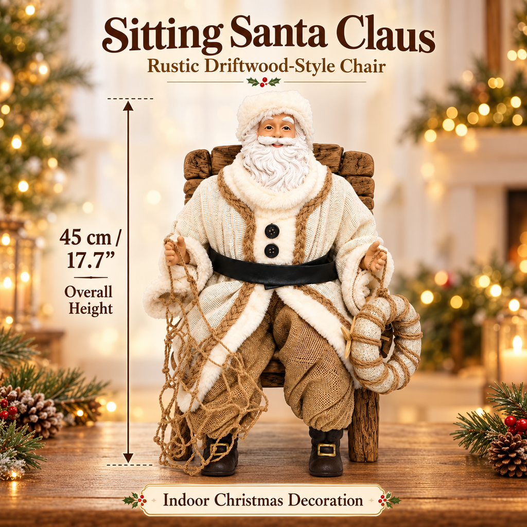 45cm Sitting Santa Claus in Rustic Driftwood-Style Chair – Large Christmas Figurine & Indoor Holiday Decoration