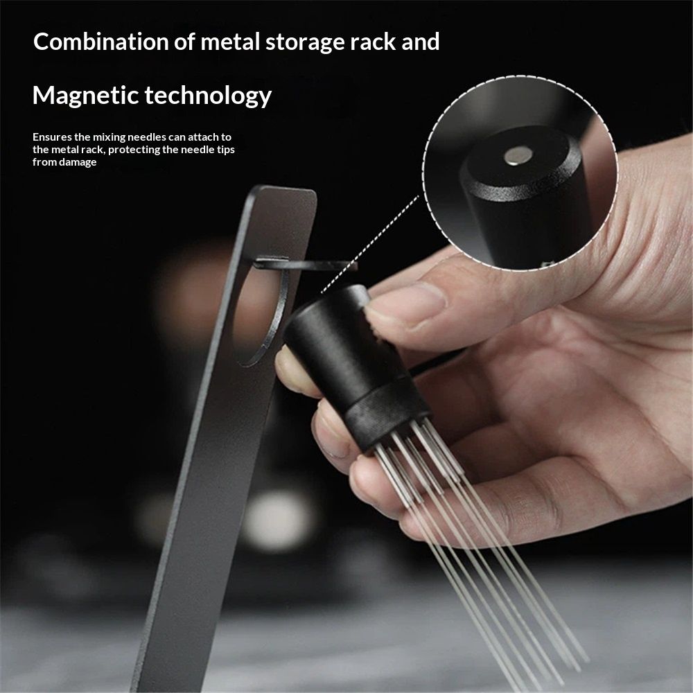 Magnetic Coffee Stirrer 0.4mm 7 Installed Pins Plus 0.25mm for Espresso Distribution Tool with Metal Stand for Barista Espresso (Black)