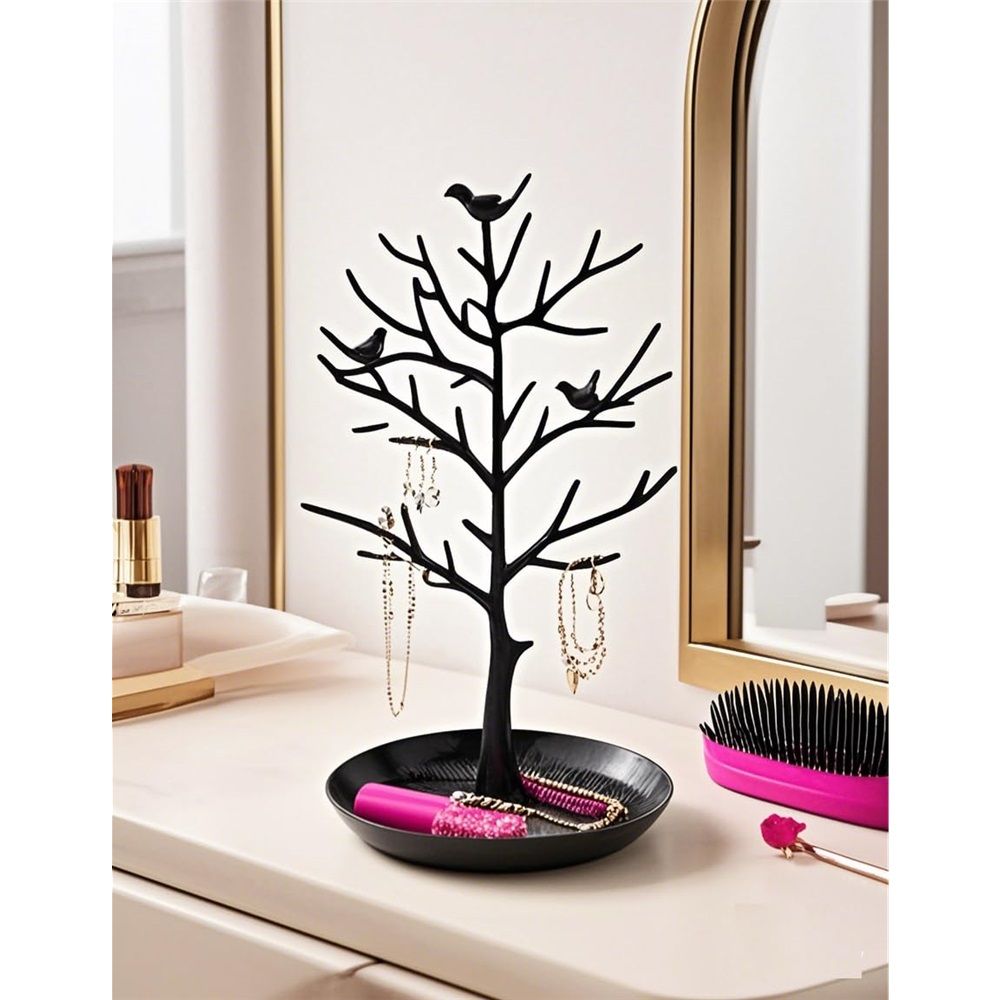 Jewelry Tree Necklace Earring Holder Modern Cute Bird Jewelry Stand for Women Girls Teen with Tray Antique Rack Tower Decoration Black (oniy box)