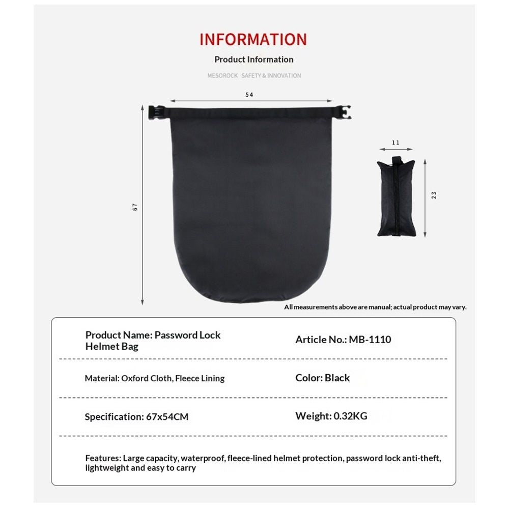 Motorcycle Helmet Bag Helmet Storage Bag with Combination Lock Waterproof Lightweight Durable polyester Helmet Bag for Motorcycle Riding Bicycle Black