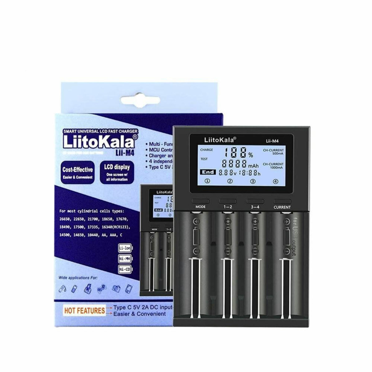 LiitoKala Lii-M4 Smart Battery Charger LCD - 4-Slot USB for 18650 AA AAA Li-ion