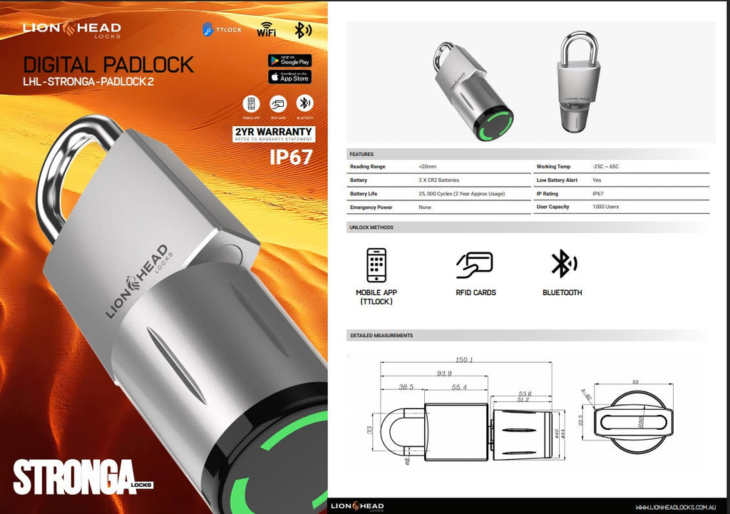 LIONHEAD STRONGA Digital Padlock – IP66 Weatherproof Smart Lock with TTLock App Control | Model: LHL-STRONGA-PADLOCK2