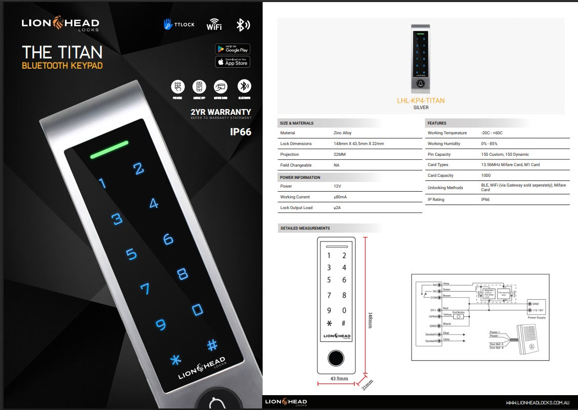LIONHEAD TITAN Slim Bluetooth Keypad – Rugged IP66 Smart Access Control with BLE, Mifare & Wi-Fi Support | Model: LHL-KP4-TITAN