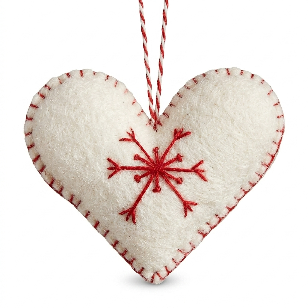White Heart with Red Snowflake Wool Felt Ornament – Handmade & Shatterproof