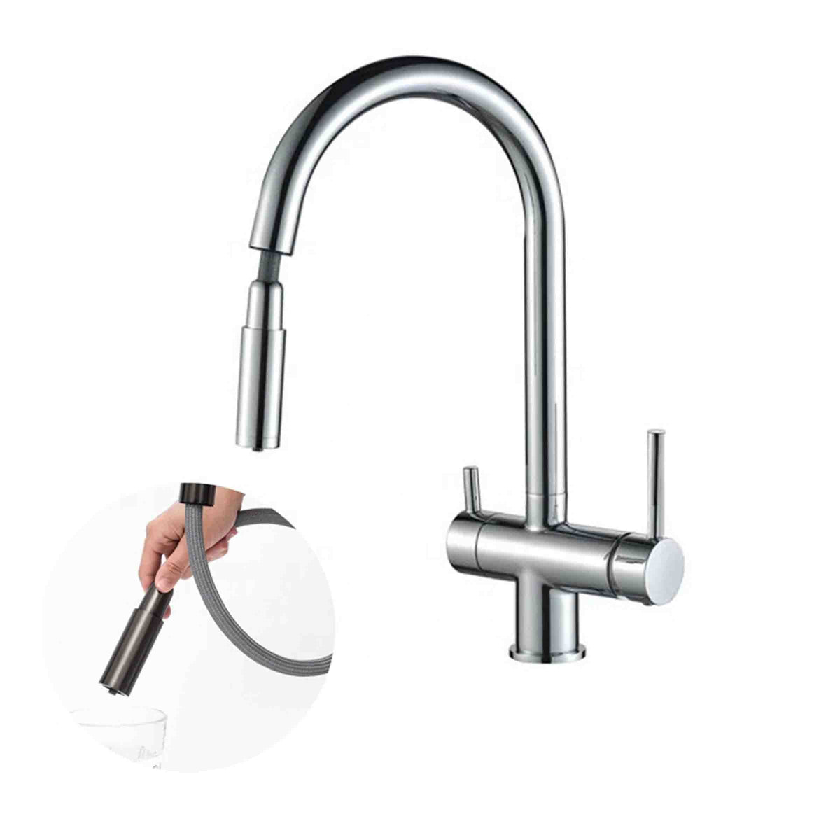 3 Way Mixer Tap Nickel Umbrella Style 360 Rotation + Pull Out Spout