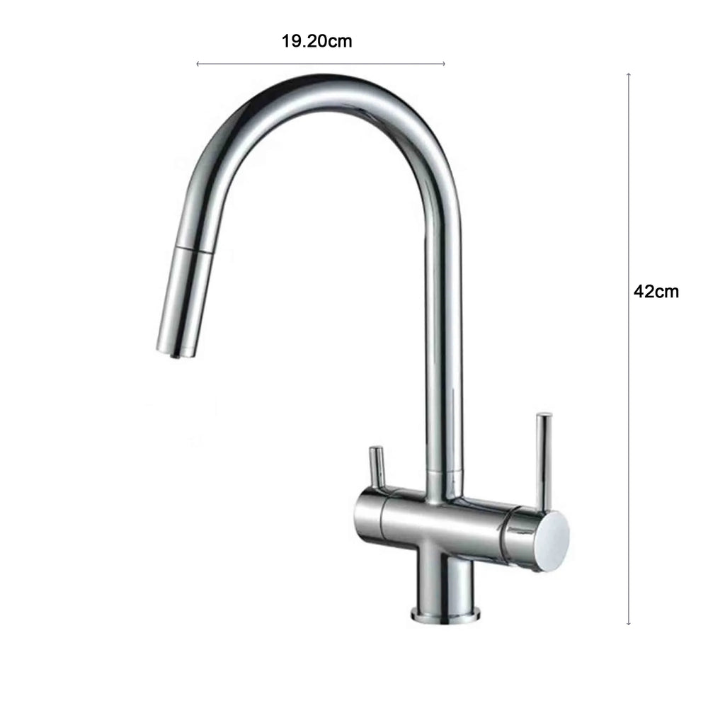 3 Way Mixer Tap Nickel Umbrella Style 360 Rotation + Pull Out Spout