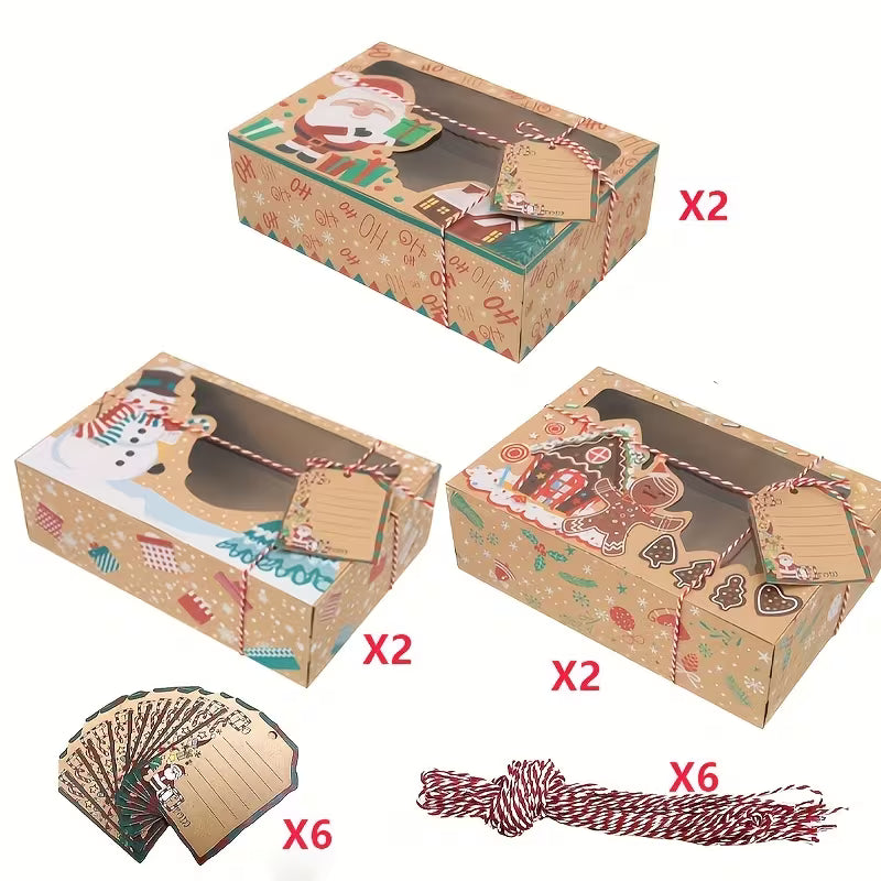 6pcs, Merry Christmas Box, Santa Claus Box, Snowman Box, Holiday Gift Packaging Box, Kraft Paper Boxes with Christmas Tags And Ribbons, Christmas Decoration.