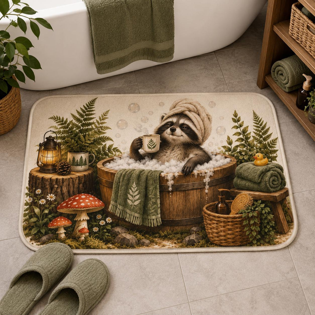 Raccoon Spa Bath Mat | Woodland Mushrooms, Ferns, Cozy Soak