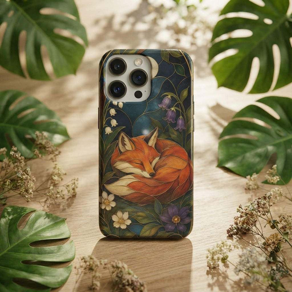 Stained Glass Case, Art Nouveau Sleeping Fox Floral Design | 26 Phone Models