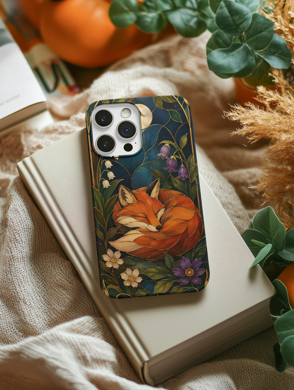Stained Glass Case, Art Nouveau Sleeping Fox Floral Design | 26 Phone Models