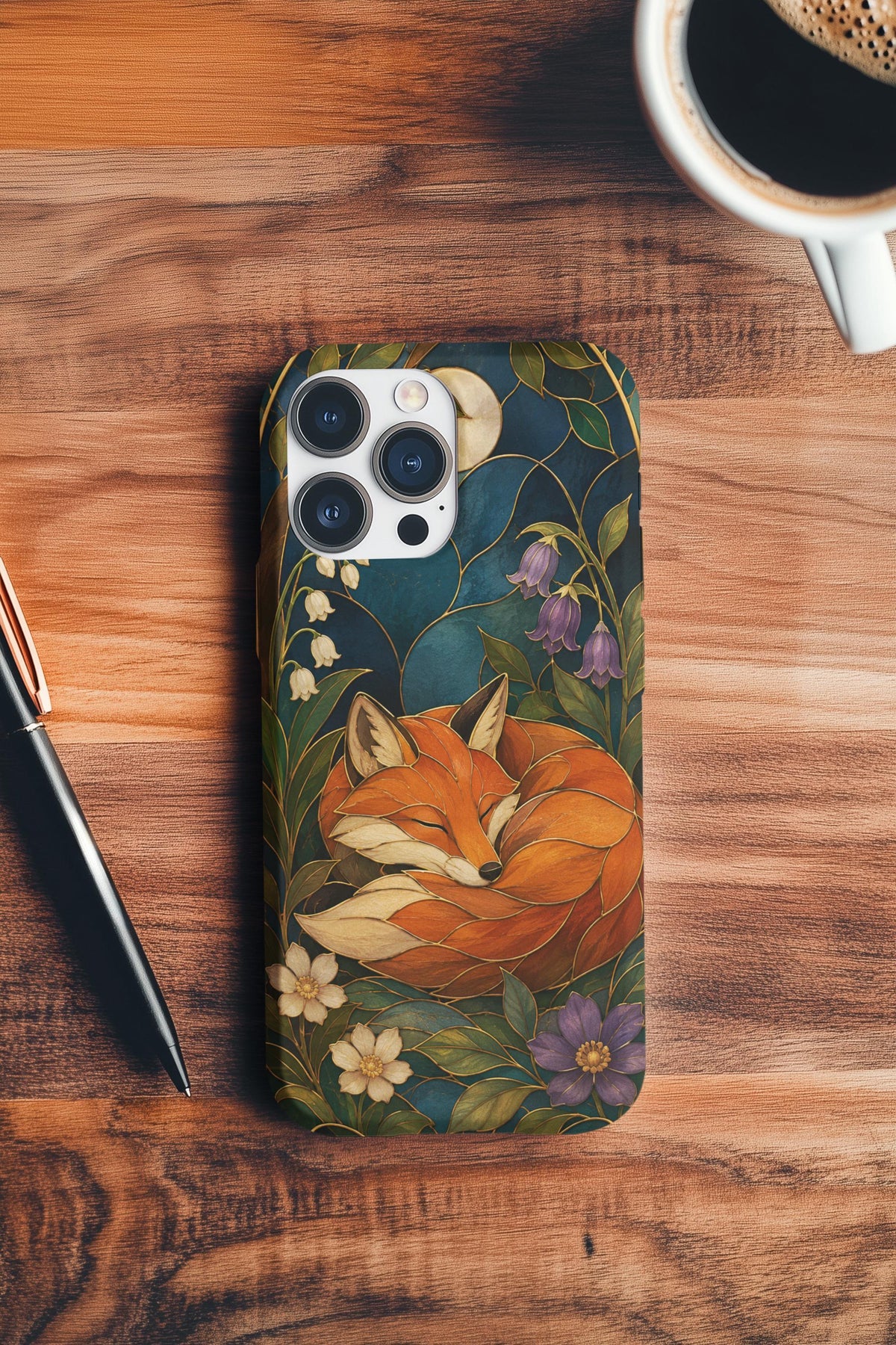 Stained Glass Case, Art Nouveau Sleeping Fox Floral Design | 26 Phone Models